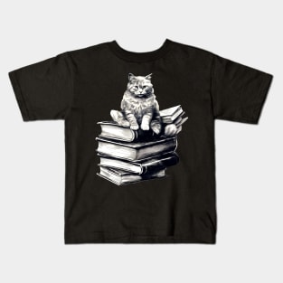 Bookish cat sleeping on books - Kitten lady & librarian gift Kids T-Shirt